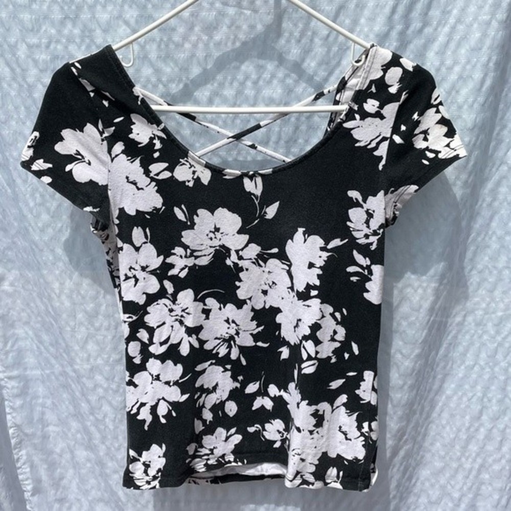 Black & White Floral Aeropostale Top with Criss Cross Back